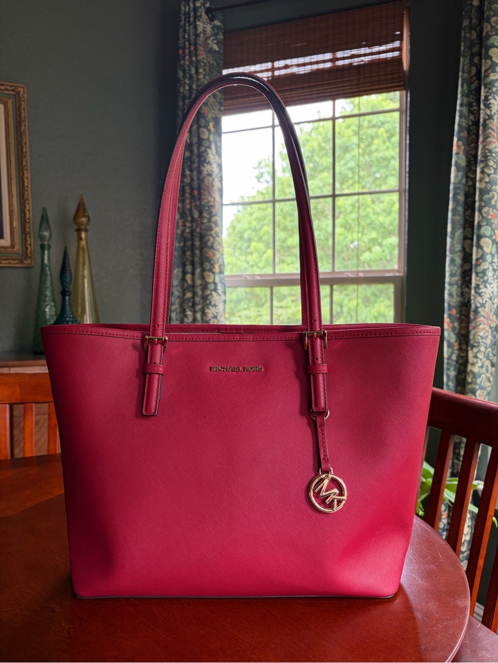 NWT Michael Kors Scarlet Red Carryall Leather Tote Gold Charm Purse Handbag Med